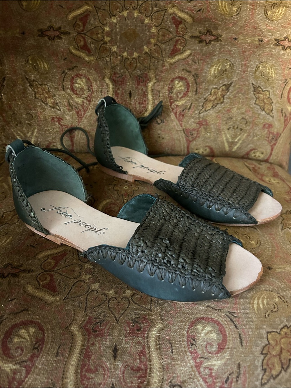 Free People Teal Woven Leather Open-Toe Sandals with Ankle Tie